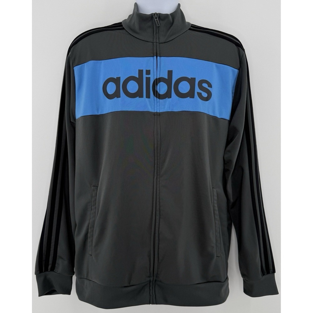 Adidas Track Jacket Men's L Gray Blue Full Zip Athletic 3 Stripe‎